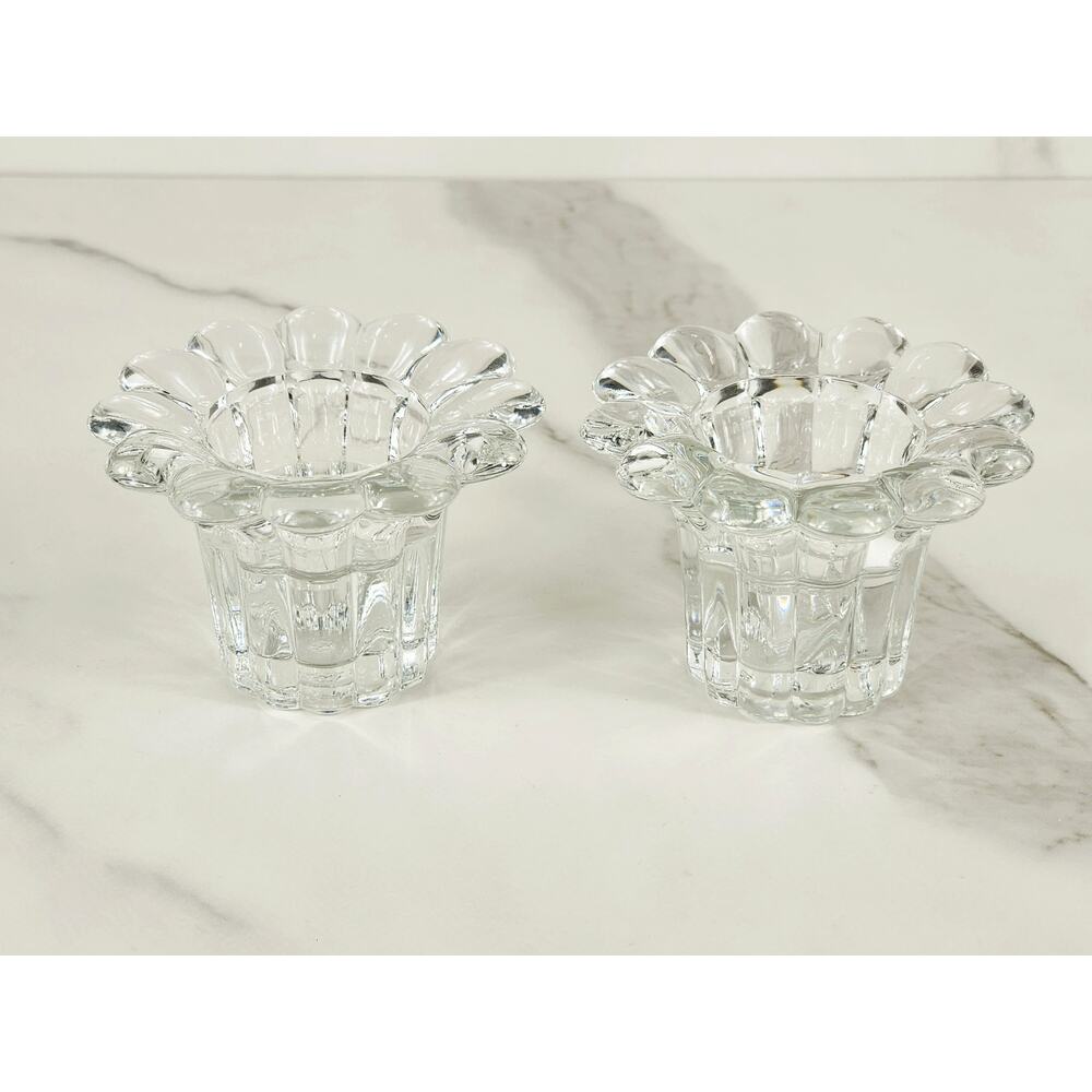 Borgonovo Candleholder Candlestick Flower Shaped Clear Glass Art Decor Italy x2